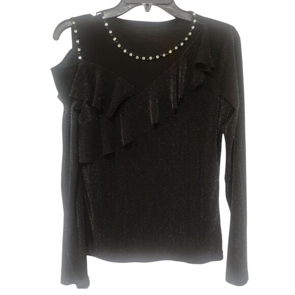 Rhinestones Glitter Sheer Long Sleeves Ruffle Trim Cut Out Top M - Picture 4 of 7